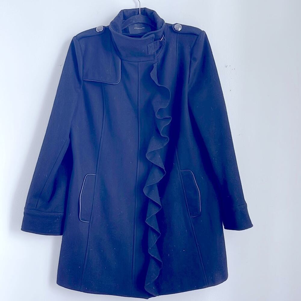 Tahari wool blend military style ruffle front midi winter coat sz 12